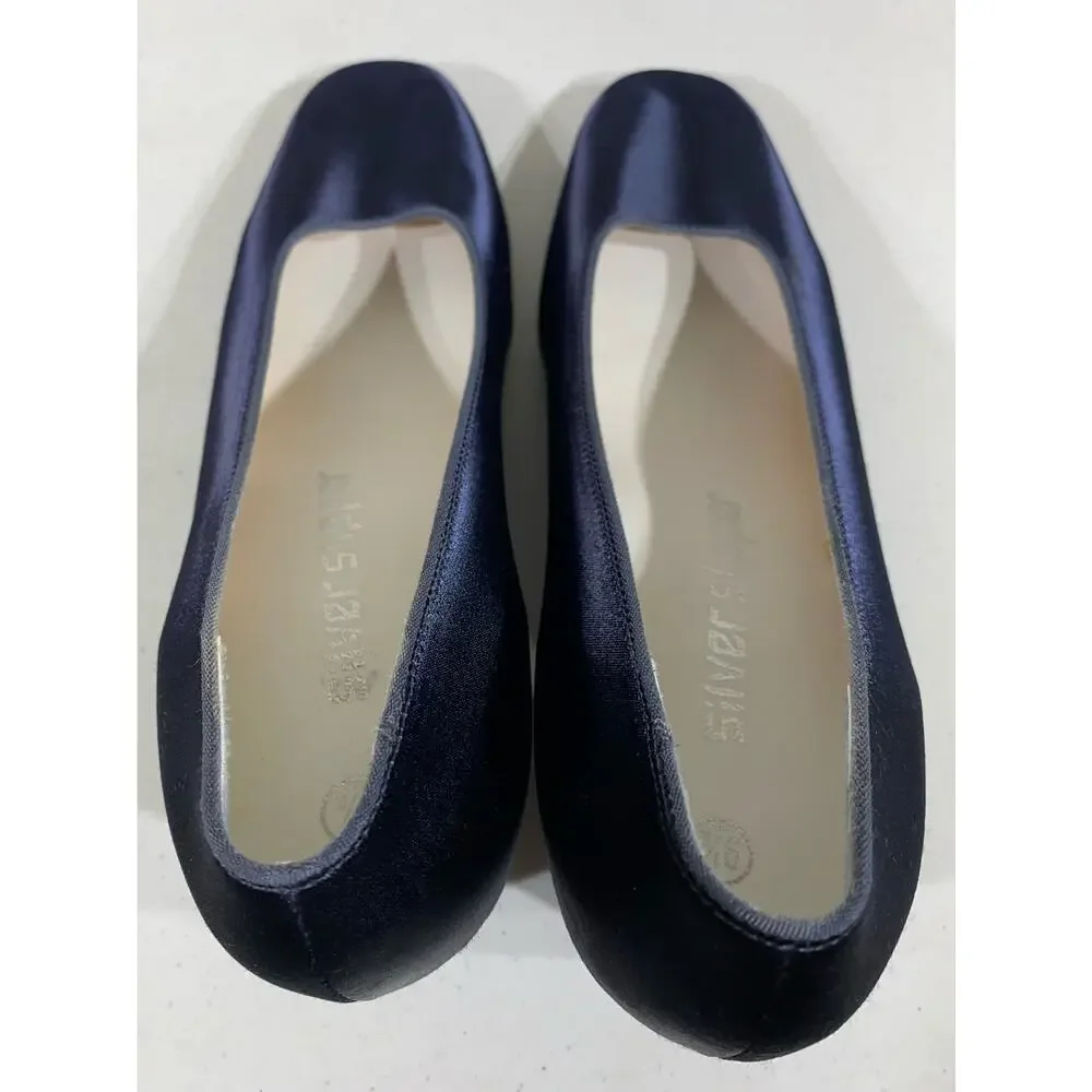 Coloriffics Silver‎ Slipper Vintage Navy Blue Satin Block Heels Womens Size 9.5